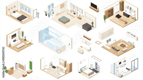 This shows different types of apartments: studios, condos, and houses with one or two bedrooms. It includes furniture symbols for bedrooms and bathrooms. It's a 2D architectural floor plan.