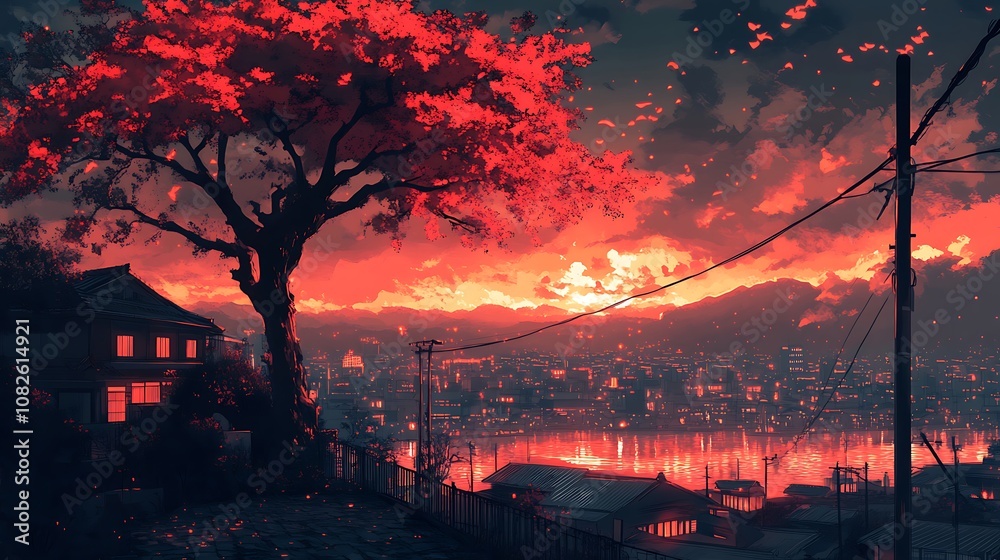 A Red Sky Over a Cityscape with a Large Tree in the Foreground A Red Sky Over a Cityscape with a Large Tree in the Foreground