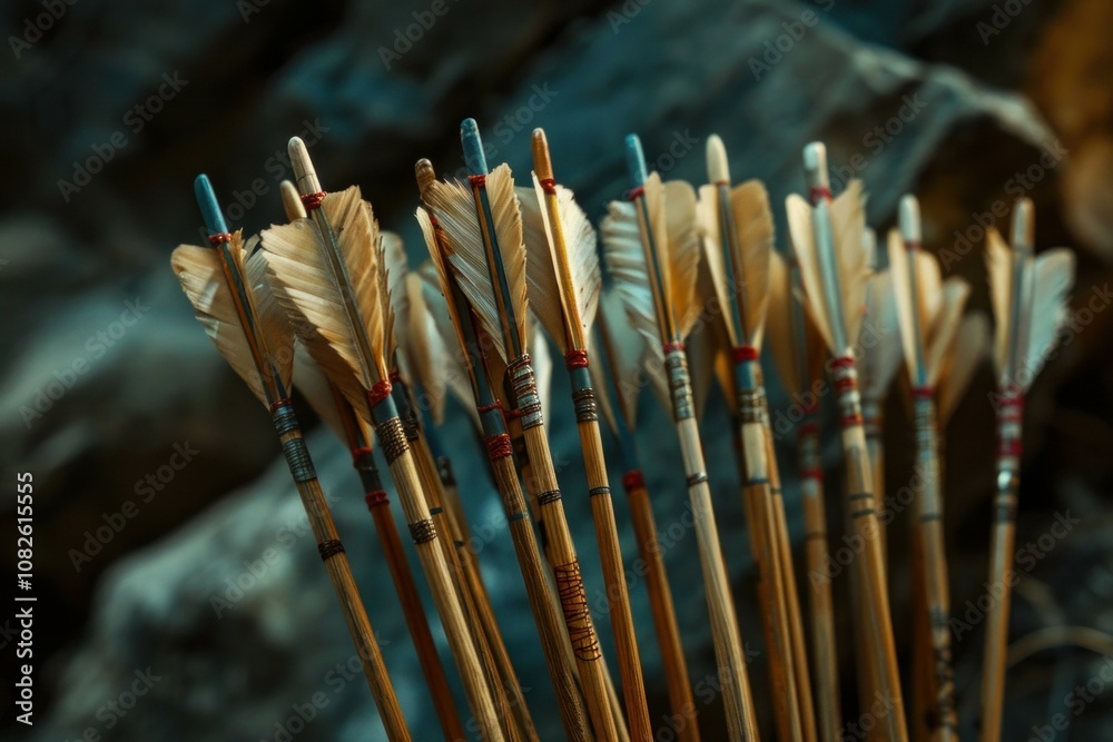 Close up of many wooden arrows with feathers pointing up, representing the concept of archery sport Close up of many wooden arrows with feathers pointing up, representing the concept of archery sport