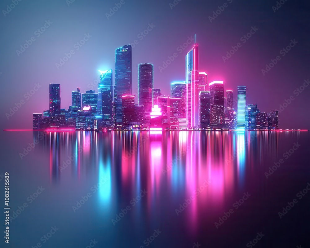 Fototapeta premium Futuristic city skyline, cyberpunk style, night scene with neon lights, 3D illustration