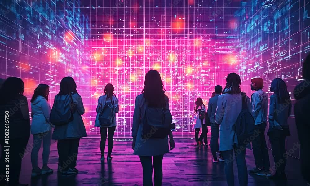 A group of people viewing a vibrant, colorful digital art installation. A group of people viewing a vibrant, colorful digital art installation.