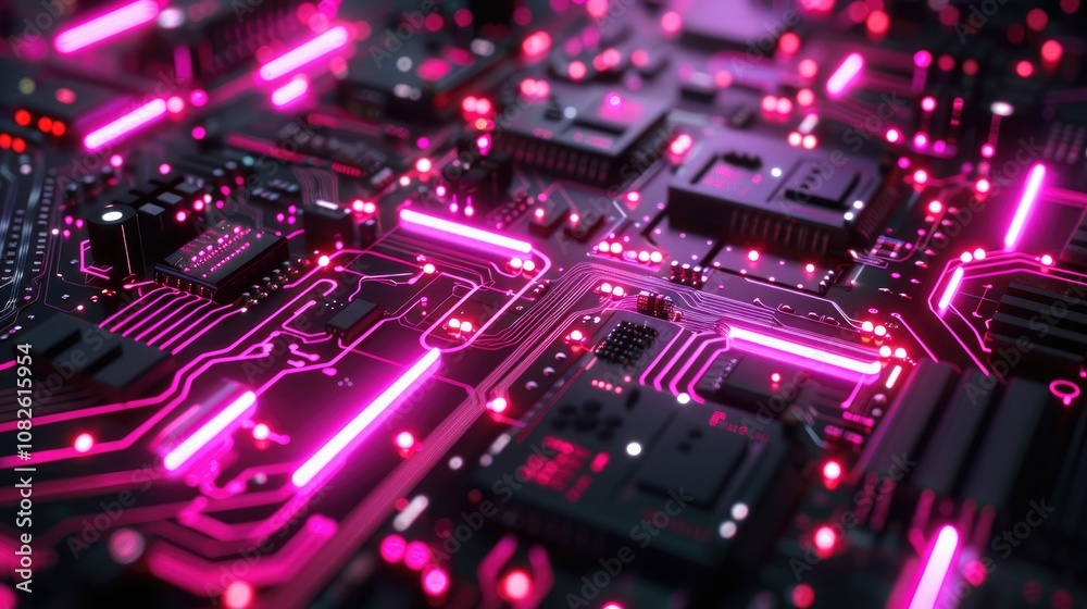 Glowing neon circuit board against a dark background Glowing neon circuit board against a dark background