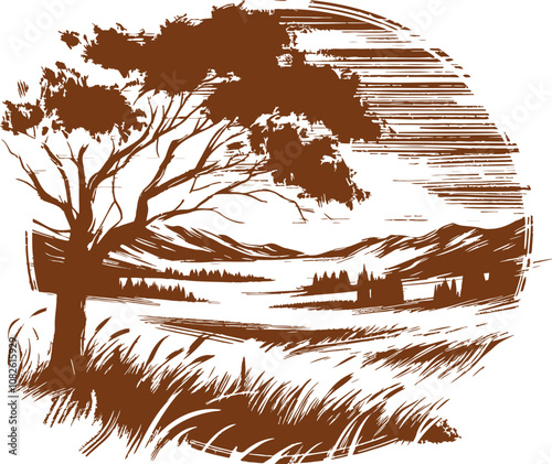 Solitary Tree by a Serene Mountain Lake A Sepia toned Illustration of a Tranquil Alpine Landscape