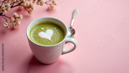 A cozy cup of pink matcha with a heart-shaped foam art on a warm pink surface, surrounded by delicate flowers.