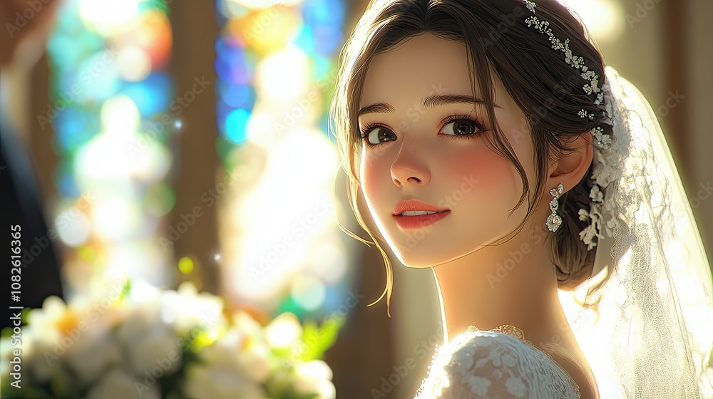 Elegant Anime Bride with Brown Hair in Soft Light