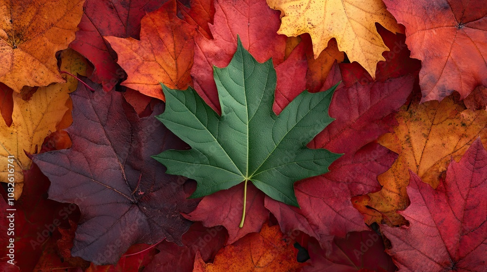 Fototapeta premium Green Leaf Surrounded by Colorful Autumn Leaves
