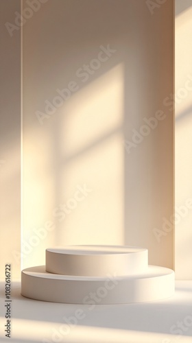 Empty double podium backlit by sunlight through window in minimalist room