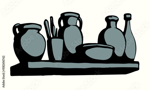 Vector drawing. Potters on the shelf