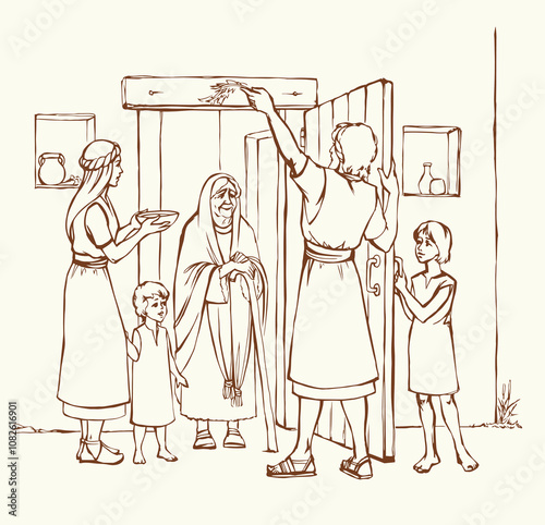 Vector drawing. The family fulfills God's command. Anoints the doorposts with the blood of the lamb