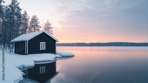 Tranquil Winter Scene of a Black Cabin by a Frozen Lake Surrounded by Snowy Pine Trees at Sunset in a Serene Northern Landscape