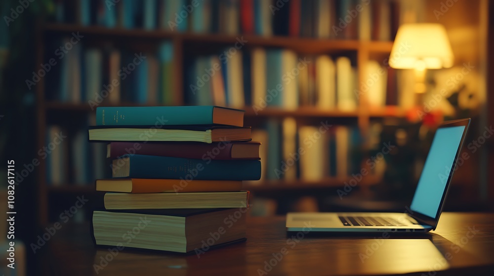 A Cozy Study Space Featuring a Laptop Next to a Stack of Colorful Books A Cozy Study Space Featuring a Laptop Next to a Stack of Colorful Books