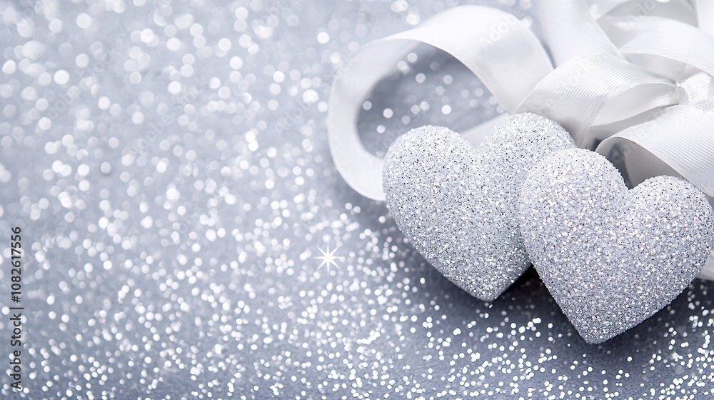 Fototapeta premium Sparkling Silver Hearts on Shimmering Background with Elegant Satin Ribbon Perfect for Valentine's Day, Romantic Celebrations, or Wedding Decorations