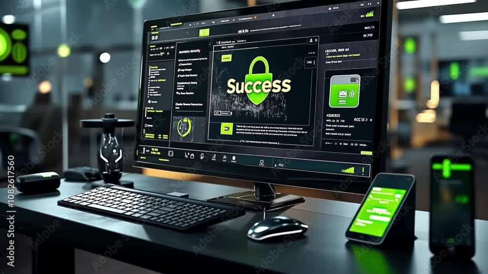 Cybersecurity setup with success notification on monitor and mobile ...