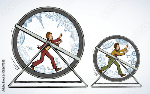 Man running in a running wheel. Vector icon