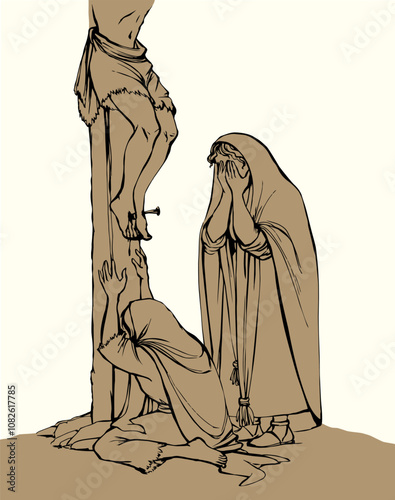 Vector drawing. Woman crying at the foot of the cross