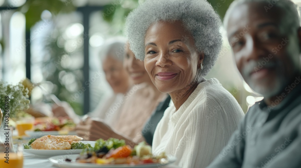 Joyful Seniors Dining Together in Bright, Modern Setting in Nursing Home. Generative ai Joyful Seniors Dining Together in Bright, Modern Setting in Nursing Home. Generative ai