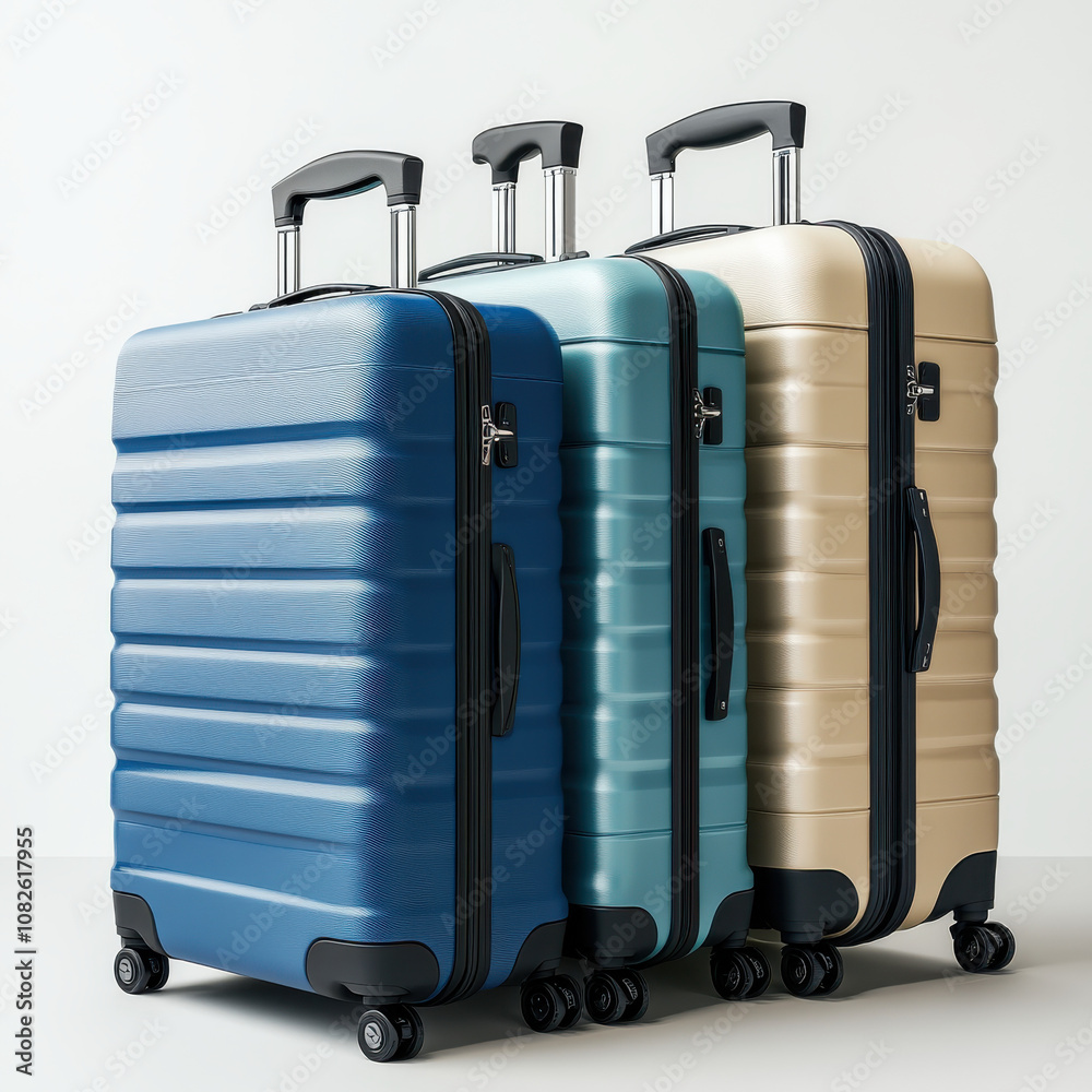 Trio of Suitcases in Blue, Black, and Beige, Arranged for a Group Vacation