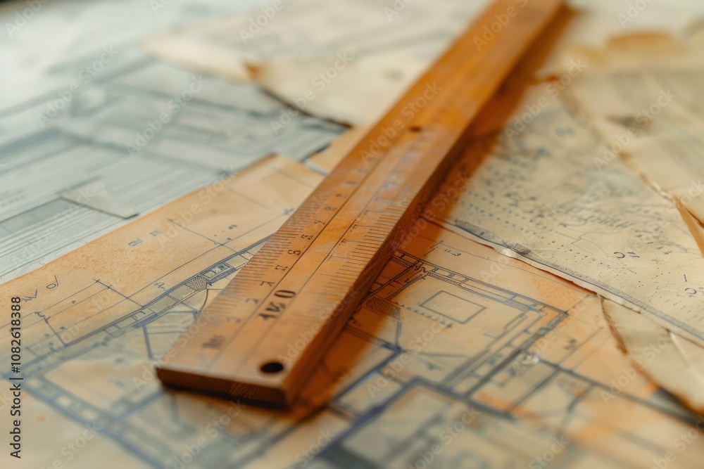 Fototapeta premium Wooden ruler lying on old technical drawings, creating a nostalgic atmosphere of engineering and design