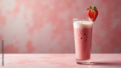 Wallpaper Mural A refreshing glass of strawberry pink matcha latte with a single fresh strawberry garnish on top, served on a table draped with a soft pink cloth. Torontodigital.ca
