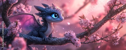 Baby dragon resting on a cherry blossom branch at sunset