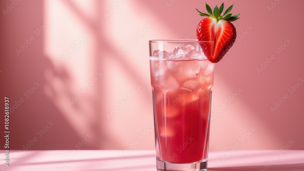 A refreshing pink matcha drink with a strawberry garnish, served on a pink tabletop. A refreshing pink matcha drink with a strawberry garnish, served on a pink tabletop.