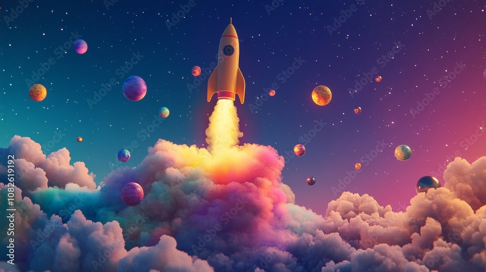 Fototapeta premium Rocket launching from colorful clouds towards planets and stars