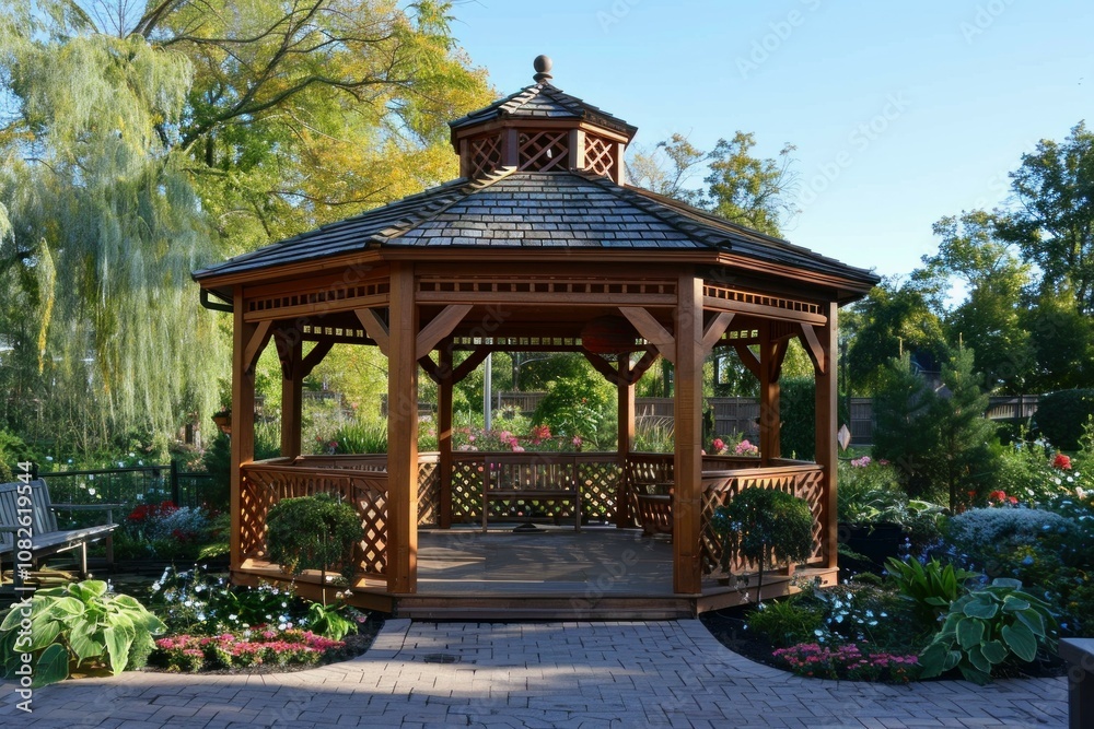 Empty wooden gazebo with a bench inside, surrounded by lush greenery and colorful flowers Empty wooden gazebo with a bench inside, surrounded by lush greenery and colorful flowers