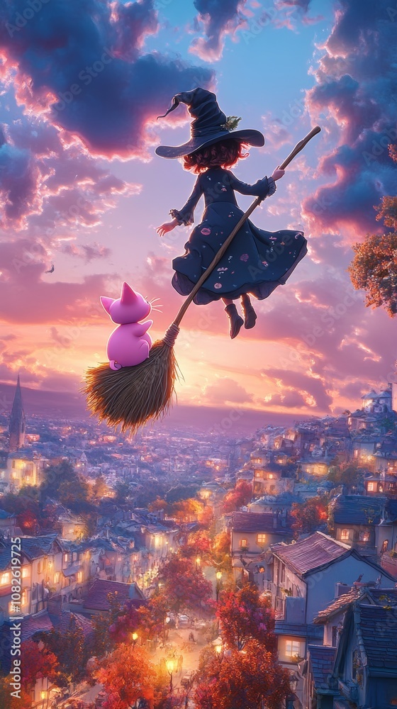 Fototapeta premium Young witch flying over a magical village at sunset with her cat companion