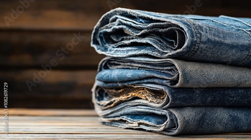 Close-up view of a stack of folded blue denim jeans placed on a wooden surface with a blurred wooden background. photo