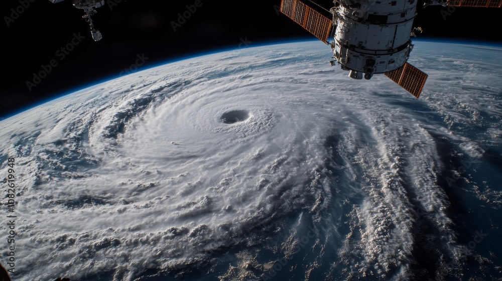 Obraz premium International space station orbiting above hurricane eye over planet earth