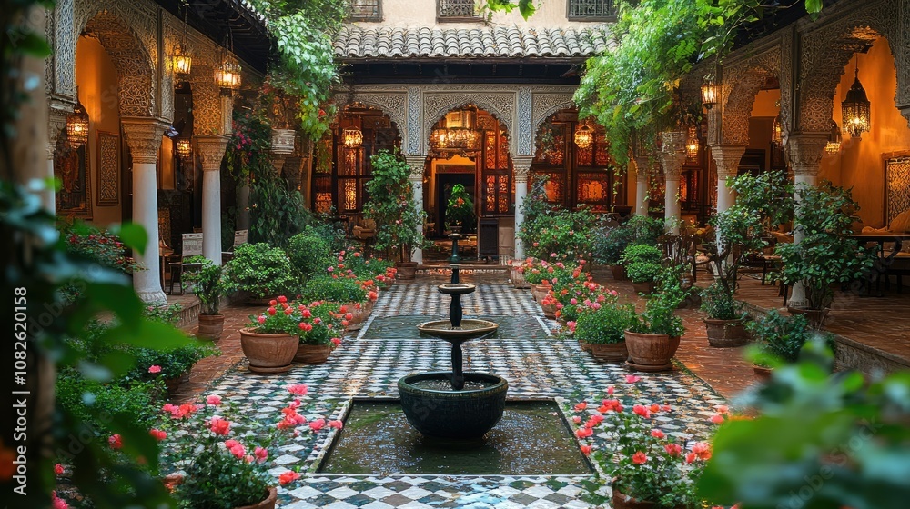 Fototapeta premium A tranquil courtyard with a fountain, surrounded by lush greenery and ornate columns.