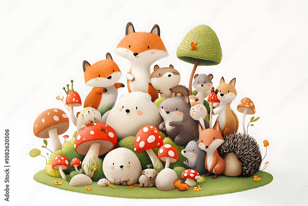 Fototapeta premium whimsical scene featuring family of tiny woodland animals, including foxes, hedgehogs, and various cute creatures surrounded by colorful mushrooms and greenery. This enchanting illustration captures