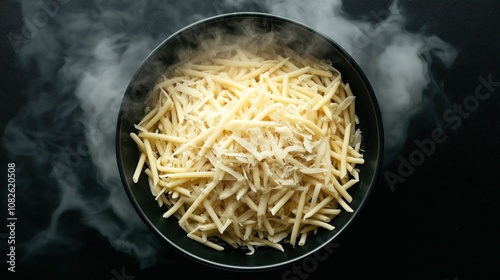 Black bowl filled with steaming hot grated cheese on a dark background photo