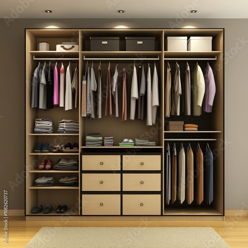 Organized closet with clothes, shoes, and storage in a modern room photo