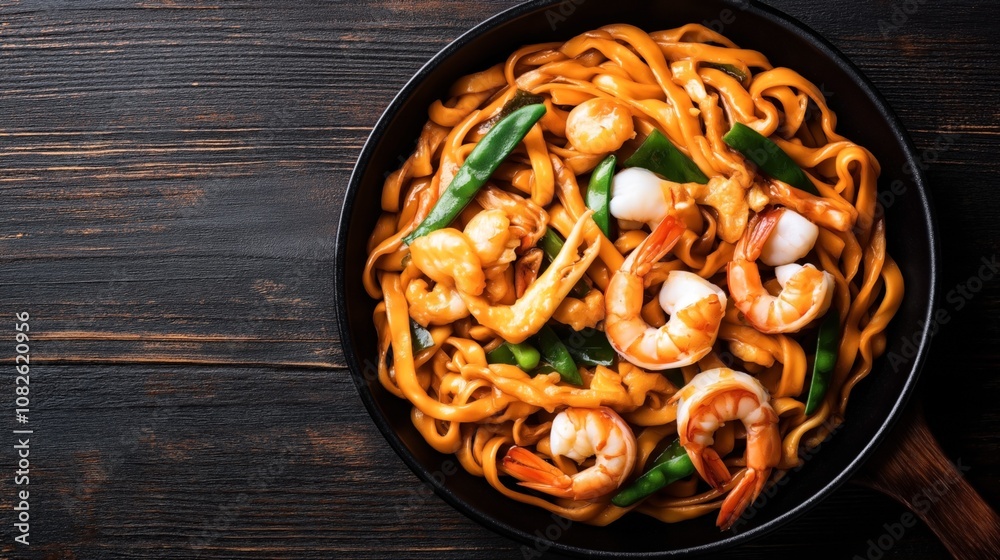 A dish of Asian-style noodles with shrimp, sugar snap peas, and a savory sauce served in a black skillet on a dark wooden surface. A dish of Asian-style noodles with shrimp, sugar snap peas, and a savory sauce served in a black skillet on a dark wooden surface.