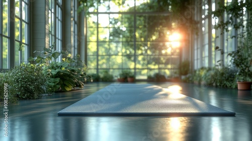 A tranquil indoor garden bathed in golden sunlight features a yoga mat placed on a polished floor. Lush greenery surrounds the space, creating a peaceful atmosphere for morning practice.