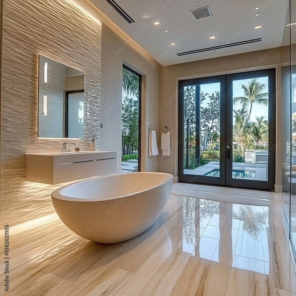 Minimalist bathroom with a freestanding tub and warm evening light Minimalist bathroom with a freestanding tub and warm evening light