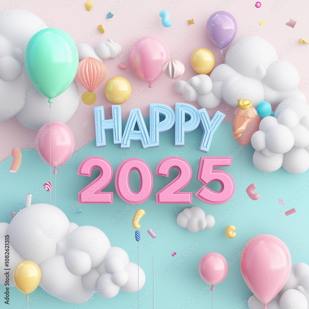 Colorful 3D Illustration Celebrating Happy New Year 2025 with Balloons Colorful 3D Illustration Celebrating Happy New Year 2025 with Balloons