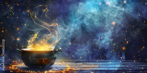 Spell casting witchcraft template -  Witch's cauldron with ethereal golden mist and blue smokey background and copy space for spiritual message

