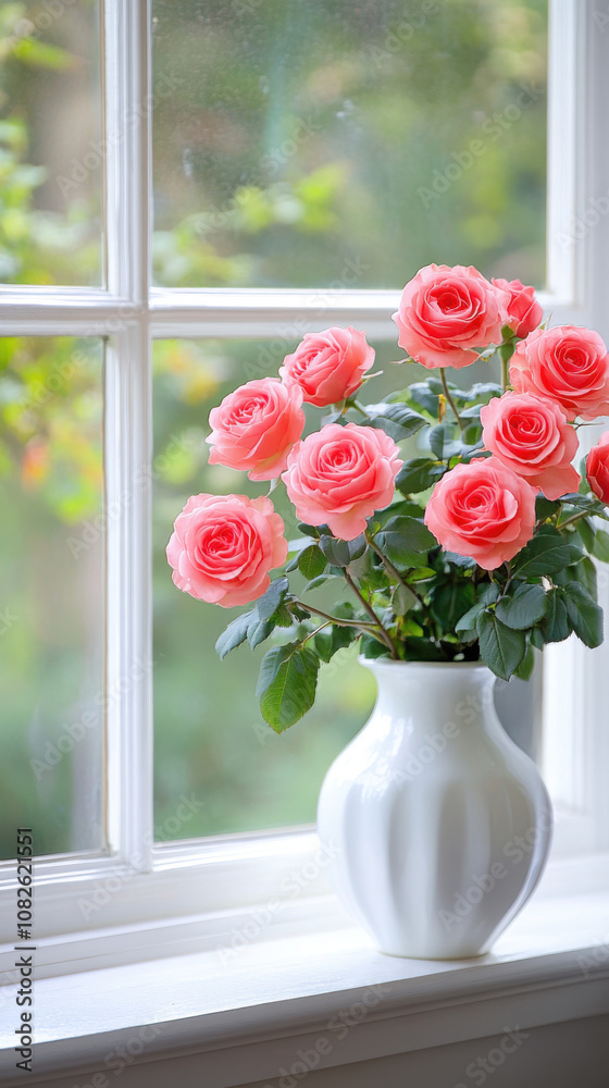 beautiful arrangement of pink roses in white vase by window, creating serene and cheerful atmosphere. soft light enhances vibrant colors of flowers beautiful arrangement of pink roses in white vase by window, creating serene and cheerful atmosphere. soft light enhances vibrant colors of flowers
