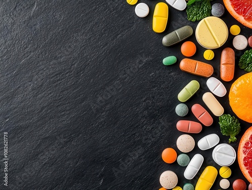 Flatlay of multivitamins with a variety of fruits and vegetables, emphasizing wellrounded nutrition photo