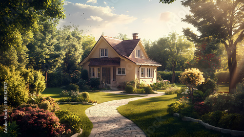 3d render ofa cozy cottage style house with an open floor plan and an exquisite garden.,photo realistic, high resolution photography, photographed in the style photography. Exquisite. Illustration photo