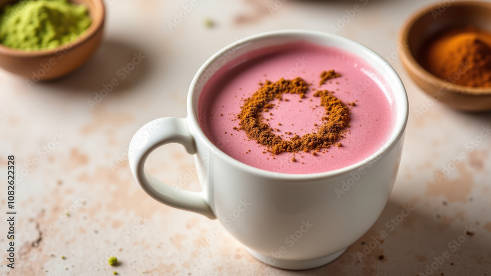 A cup of vibrant pink matcha latte topped with cinnamon powder on a rustic wooden surface. A cup of vibrant pink matcha latte topped with cinnamon powder on a rustic wooden surface.