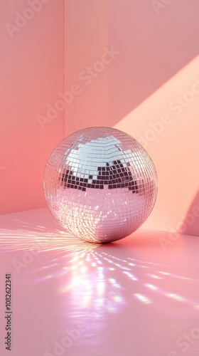 Disco ball reflecting light on pink background in photography studio