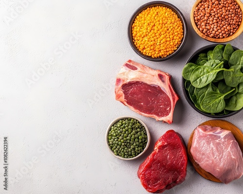 Flatlay of ironrich foods like spinach, red meat, and lentils with iron supplements, emphasizing anemia prevention photo