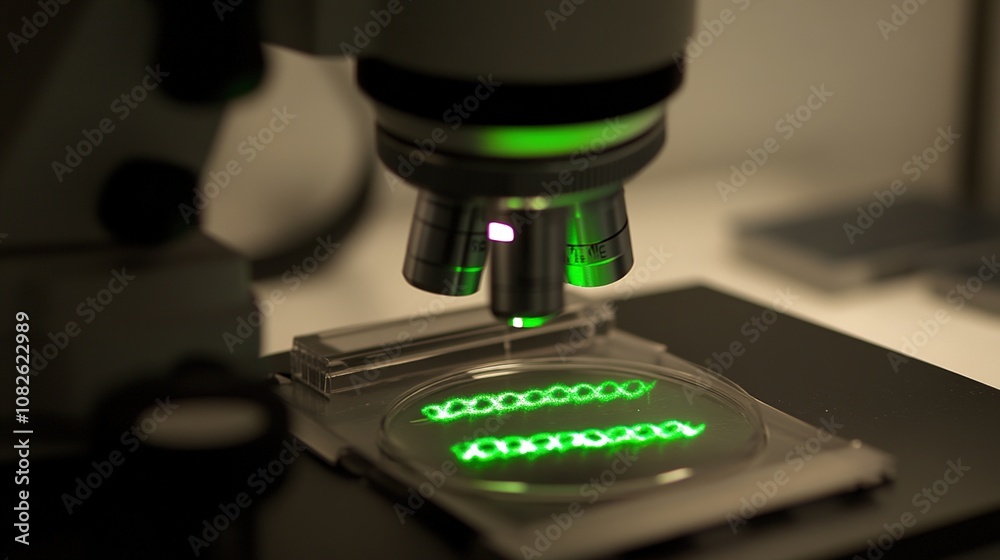 Microscope displaying intricate genetic modification process, symbolizing advanced scientific research and potential for biotechnology breakthroughs. Microscope displaying intricate genetic modification process, symbolizing advanced scientific research and potential for biotechnology breakthroughs.