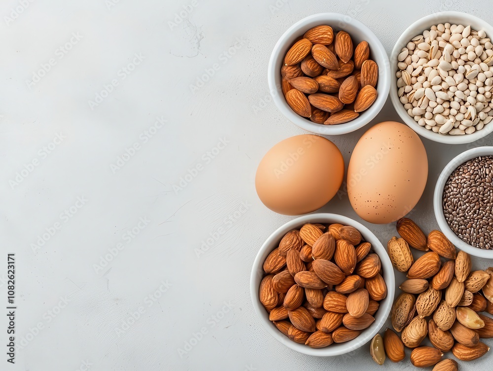 Flatlay of biotin supplements with eggs, nuts, and seeds, promoting healthy hair, skin, and nails Flatlay of biotin supplements with eggs, nuts, and seeds, promoting healthy hair, skin, and nails