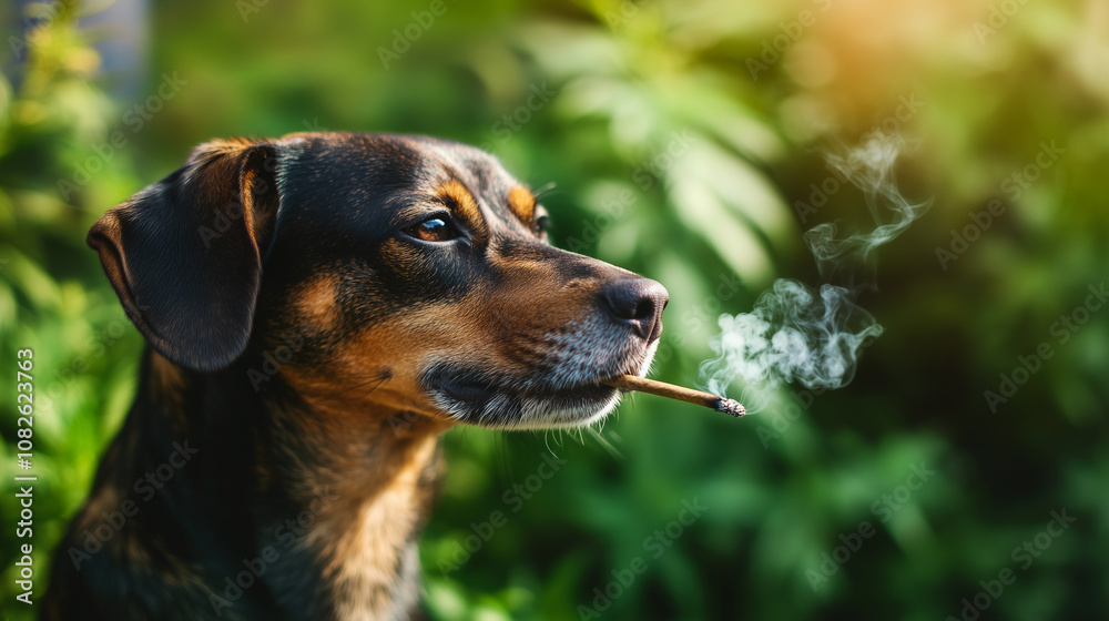 Thoughtful dog holding a lit cigarette in its mouth, creating a humorous and contemplative scene in a lush green outdoor setting Thoughtful dog holding a lit cigarette in its mouth, creating a humorous and contemplative scene in a lush green outdoor setting