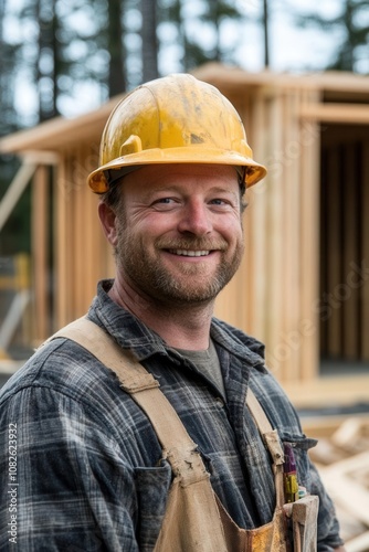 Smiling construction worker in hard hat, standing in front of a halfbuilt home, residential construction worker, worker at home building site