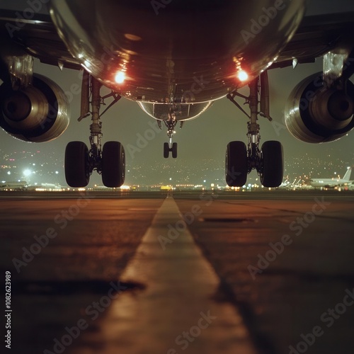 Airplane landing gear fully extended, moments before touchdown, runway beneath, aviation mechanics, airplane descent photo